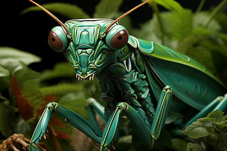 瞩目的绿叶中的螳螂艺术作品图片