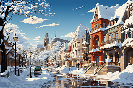 车被雪覆盖被雪覆盖的小镇建筑插画