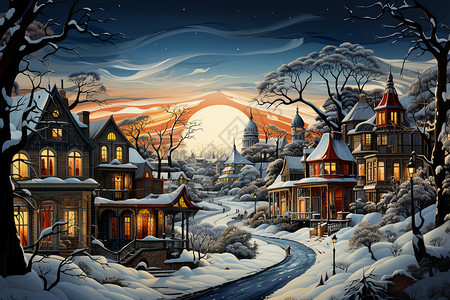 雪后美丽的小镇风光图片