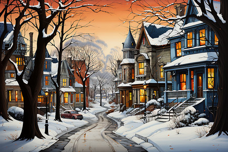车被雪覆盖冬日城市童话景色插画