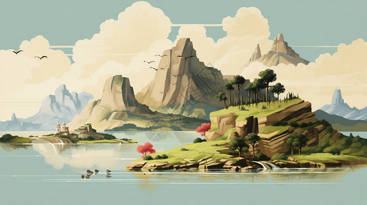 大山湖泊和树木的景色图片
