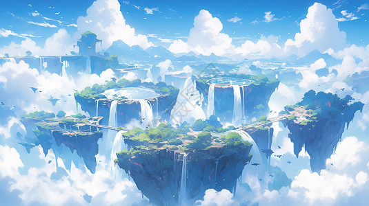 德天跨国大瀑布漂浮的空气城市云彩蓝天漂浮的空气岛瀑布插画
