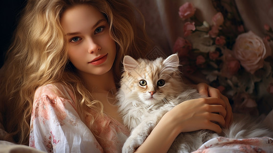 美女怀里抱着一只小猫图片