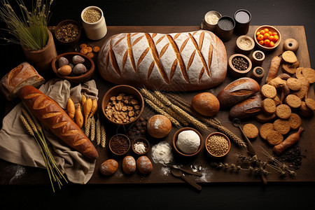 案板上的各种面包背景图片