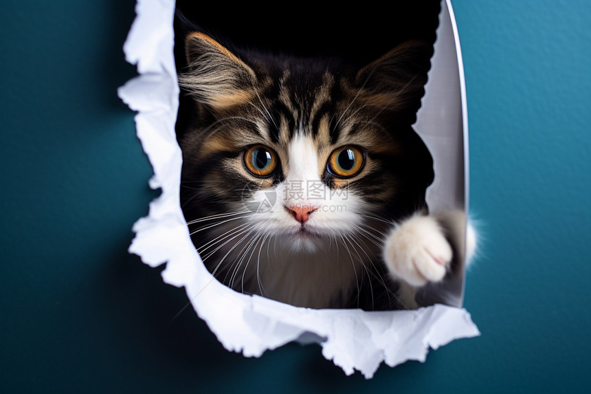 透过纸洞的猫图片