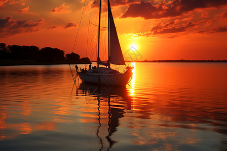 湖畔夕阳的小船图片