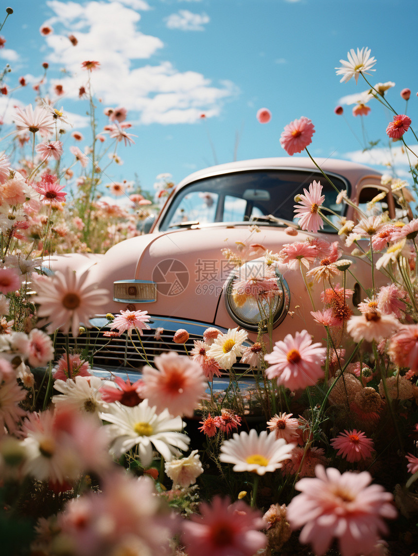 花丛中的汽车图片