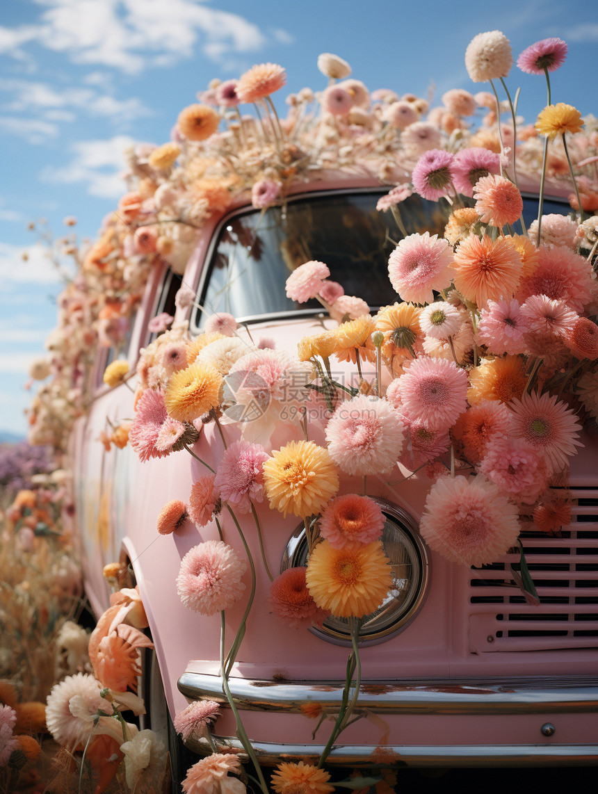 一辆装满鲜花的汽车图片