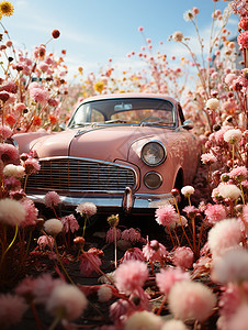 粉色的汽车在粉色花丛图片