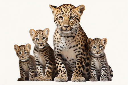 大型动物群三只小猎豹幼崽和母豹插画