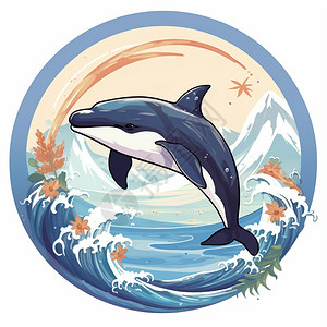 海洋logo海面上嬉戏的海豚标志插画