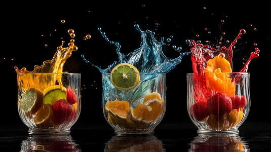 三个橘子落入杯中水果的水花特写设计图片