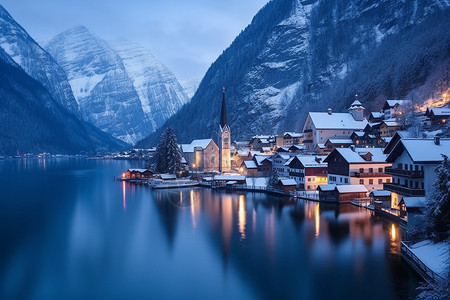 雪后傍晚的欧洲村庄高清图片