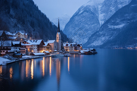 冬季的河边欧洲村庄图片