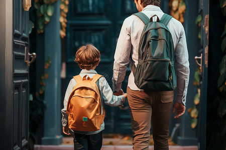 背着书包的男人一个男人和一个孩子手拉手背着书包上学背景