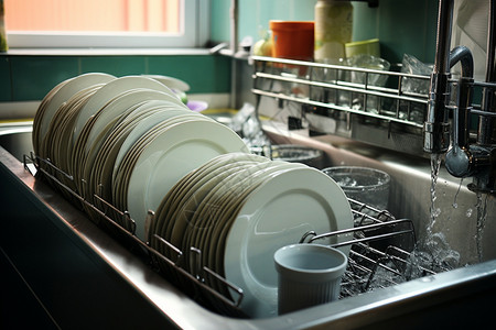 厨房的洗碗机里满满的盘子正在清洗图片