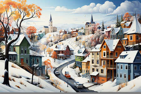 冬日城市风景插画图片