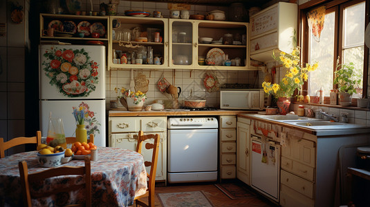 复古厨具温馨的室内厨房插画