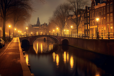 夜幕下的阿姆斯特丹水城高清图片
