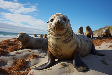 海狮群体沙滩晒太阳高清图片