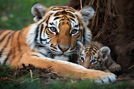 老虎幼崽草地上的老虎背景