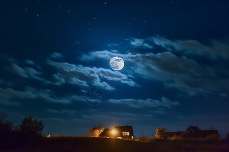 夜晚的明月和房屋图片