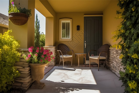 门口的椅子和植物图片