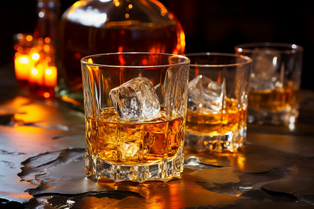 酒冰块冰酷杯中的威士忌背景