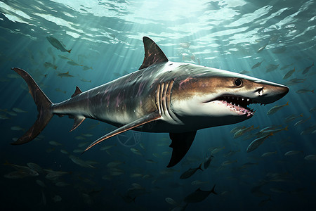 深海鲨鱼海中被鱼群包围的鲨鱼插画
