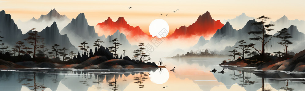 湖面夕阳湖上的山披上夕阳的温暖色彩插画