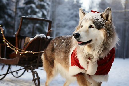 拉雪橇的狗圣诞狗拉着雪橇在雪地上背景