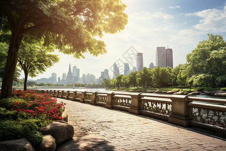夏季城市美丽的河滨公园背景图片