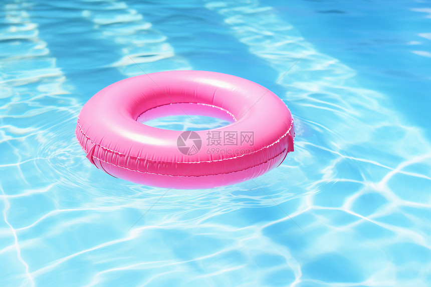 泳池上漂浮的粉色泳圈图片