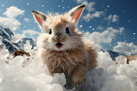 雪地里跳跃的小雪兔背景图片