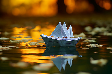 精美纸船夏季池塘上的纸船背景