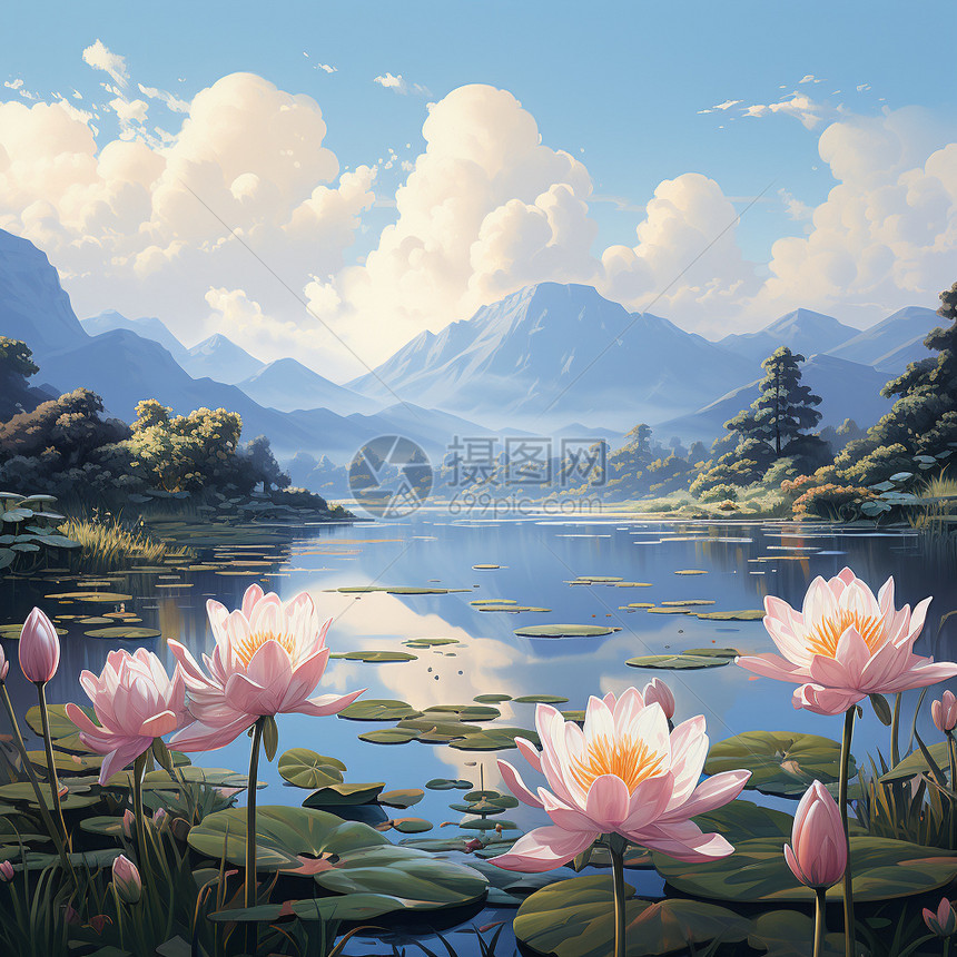 山峰湖水百合花的景色图片