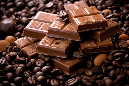 一起喝杯咖啡一堆咖啡豆上放置的巧克力背景