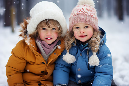 雪中孩子姐妹雪中欢乐背景