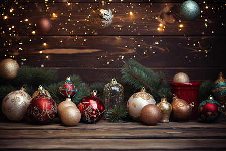 木桌上的圣诞节装饰品图片