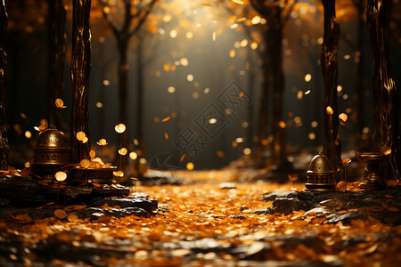 枯枝枯叶森林中的枯叶与金色光影设计图片