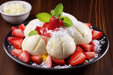 餐盘中的草莓冰淇淋图片