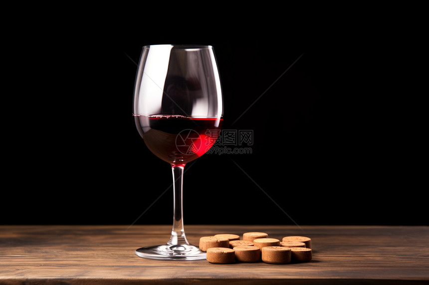 木桌上的红酒佳酿图片