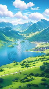 绿水青山蓝天白云天然的湖泊插画