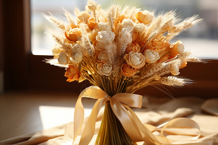 花束包装彩带点缀麦束的明亮场景背景