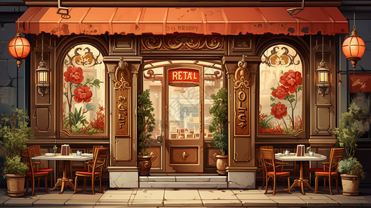 复古门窗复古的餐厅门窗装饰插画