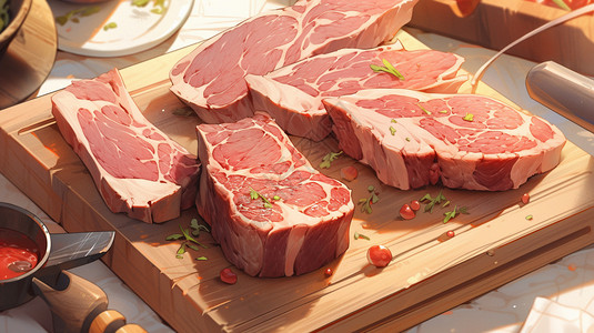 切制肉木制菜板上的肉插画
