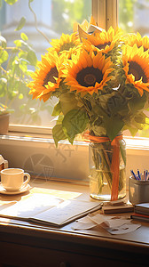 桌面上的文具桌面上的向日葵和书本插画