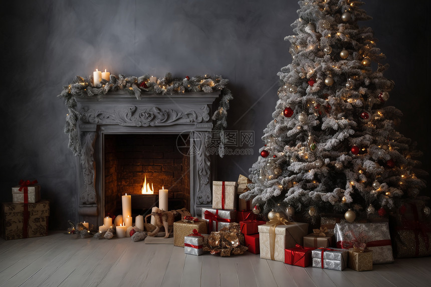 壁炉旁的礼盒和圣诞树图片