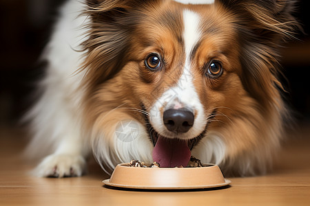 小狗在餐盘中吃食物高清图片