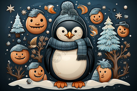 冬日的企鹅插图背景图片
